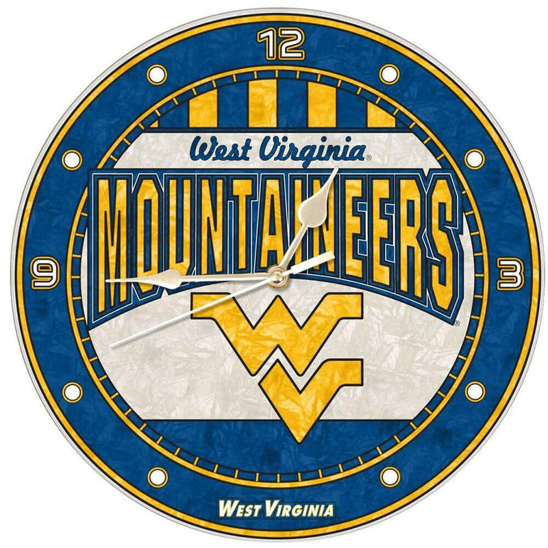 12 Inch Art Glass Clock | West Virginia University COL, CurrentProduct, Home & Office_category_All, West Virginia Mountaineers, WVI 687746446011 $38.49