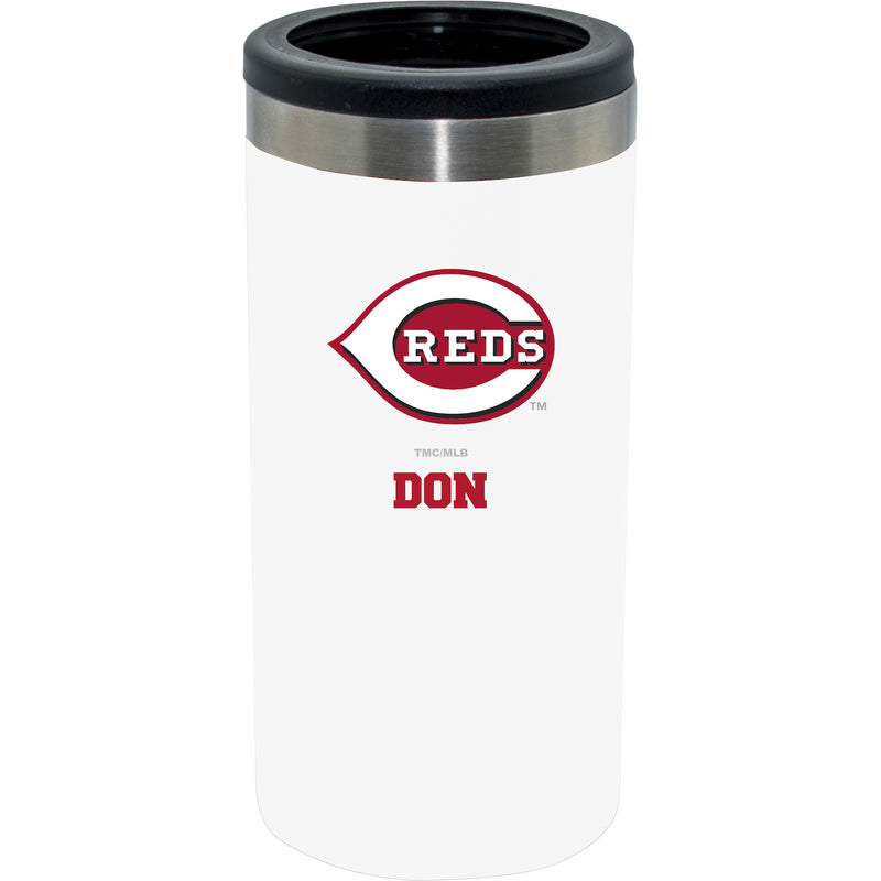 12oz Personalized White Stainless Steel Slim Can Holder | Cincinnati Reds