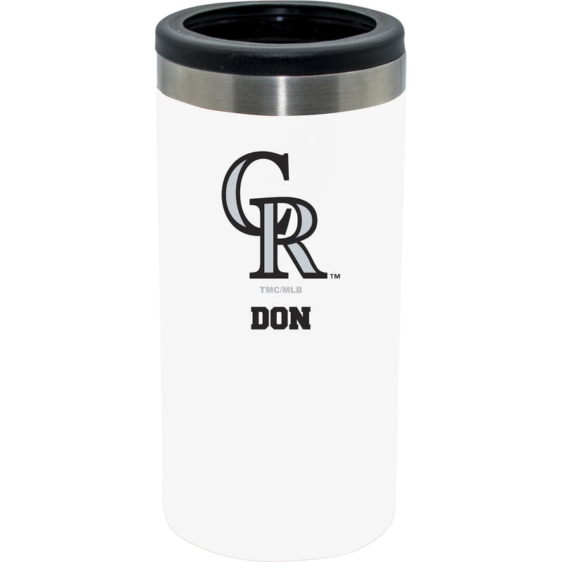 12oz Personalized White Stainless Steel Slim Can Holder | Colorado Rockies