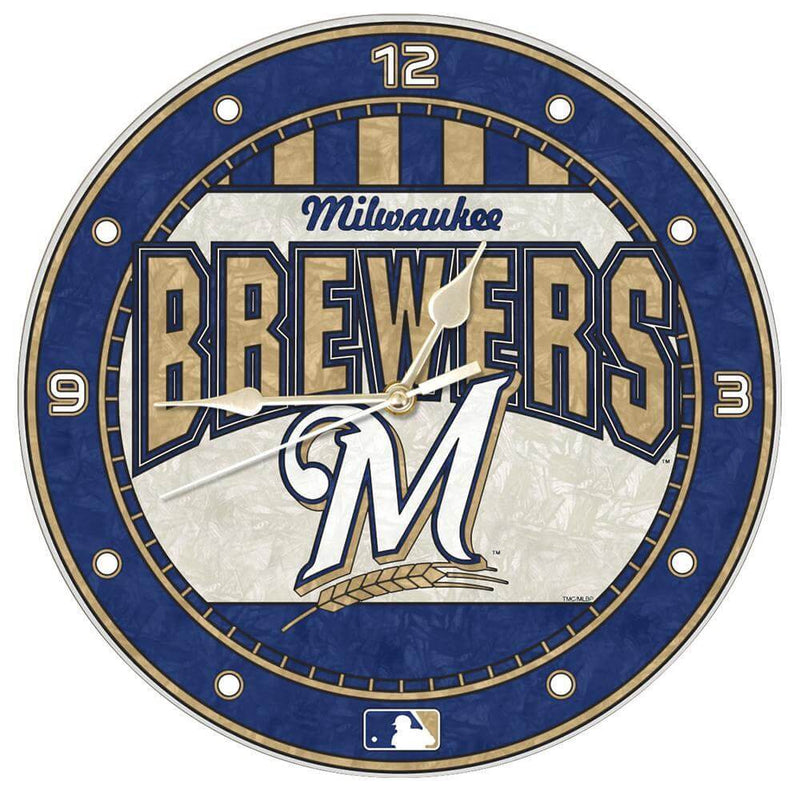 12 Inch Art Glass Clock | Milwaukee Brewers CurrentProduct, Home & Office_category_All, MBR, Milwaukee Brewers, MLB 687746446172 $38.49