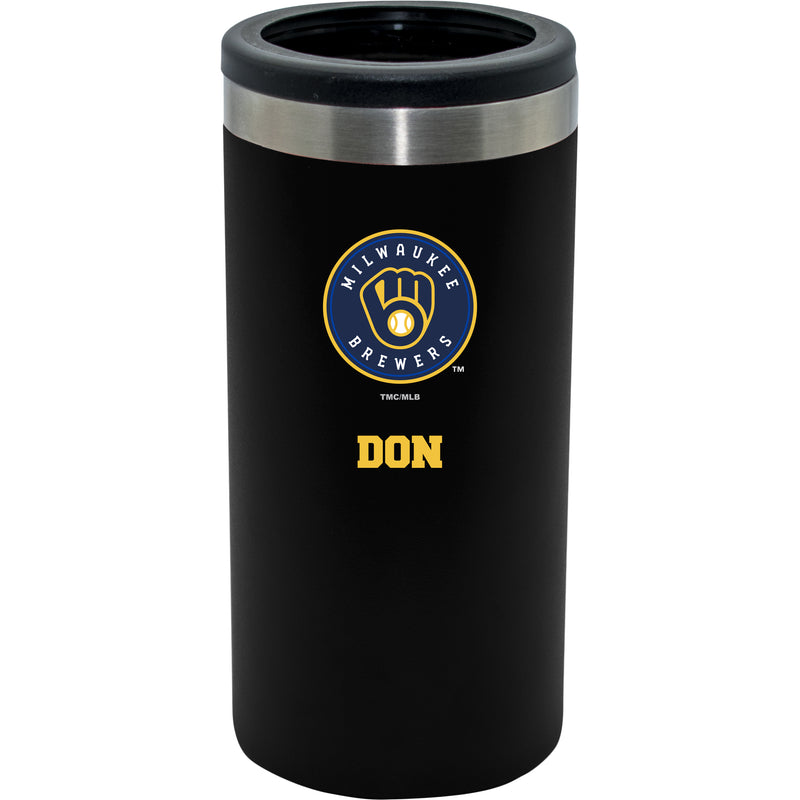 12oz Personalized Black Stainless Steel Slim Can Holder | Milwaukee Brewers