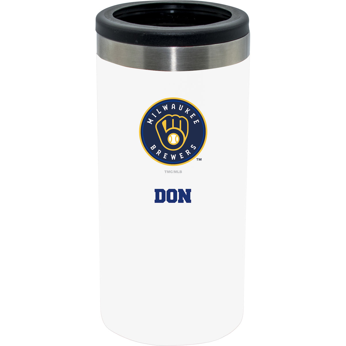 12oz Personalized White Stainless Steel Slim Can Holder | Milwaukee Brewers