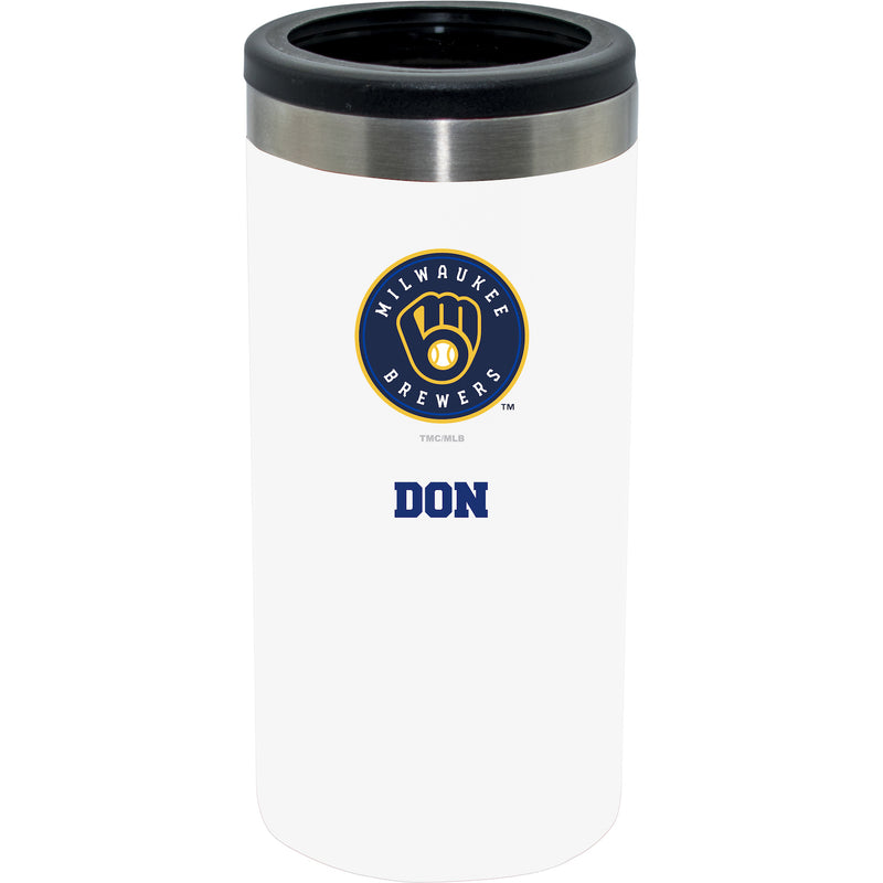 12oz Personalized White Stainless Steel Slim Can Holder | Milwaukee Brewers