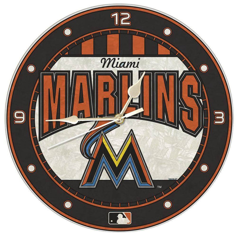 12 Inch Art Glass Clock | Miami Marlins CurrentProduct, Home & Office_category_All, MLB, MMA 687746446134 $38.49