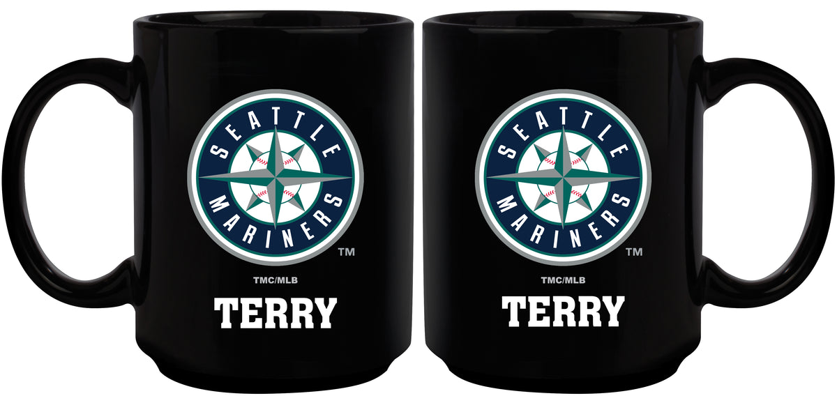 15oz Black Personalized Ceramic Mug  | Seattle Mariners CurrentProduct, Drinkware_category_All, Engraved, MLB, Personalized_Personalized, Seattle Mariners, SMA 194207502389 $21.86
