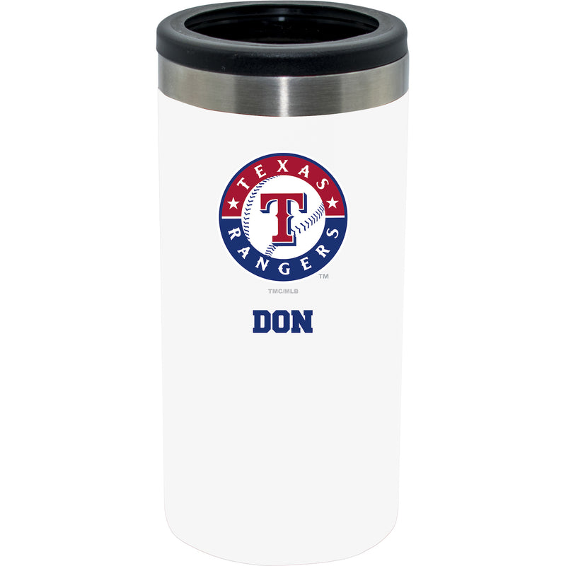12oz Personalized White Stainless Steel Slim Can Holder | Texas Rangers