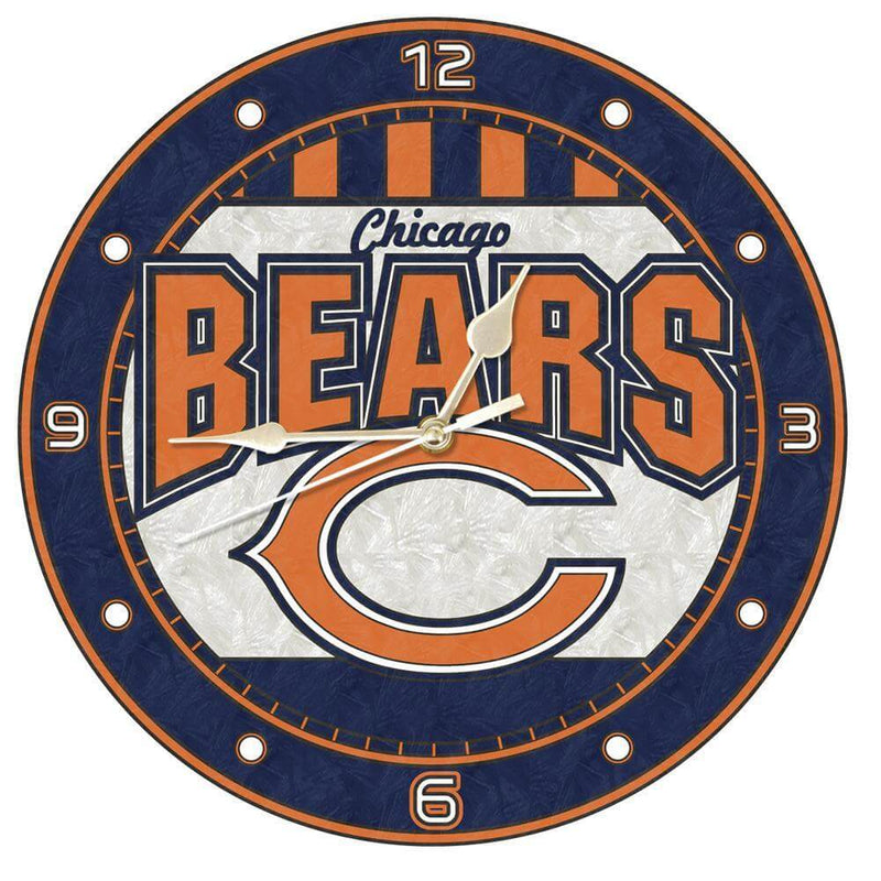 12 Inch Art Glass Clock | Chicago Bears CBE, Chicago Bears, CurrentProduct, Home & Office_category_All, NFL 687746446356 $38.49