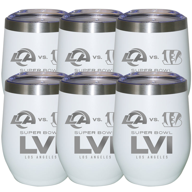[6 Pack] 12oz White Etched Stainless Steel Stemless Tumbler | Super Bowl LVI Dueling