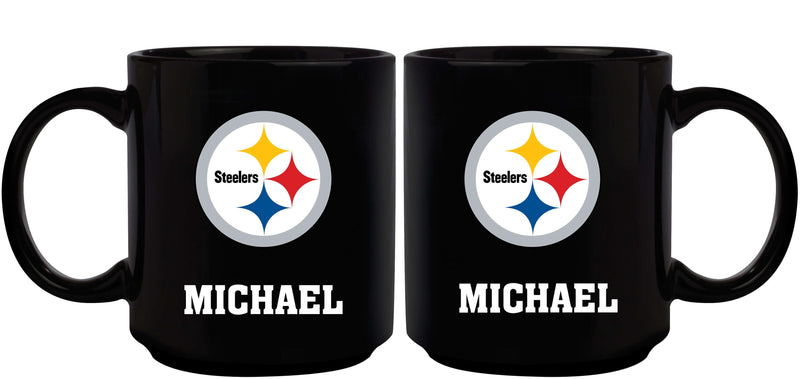 11oz Black Personalized Ceramic Mug | Pittsburgh Steelers CurrentProduct, Custom Drinkware, Drinkware_category_All, Gift Ideas, NFL, Personalization, Personalized_Personalized, Pittsburgh Steelers, PST 194207372630 $20.11