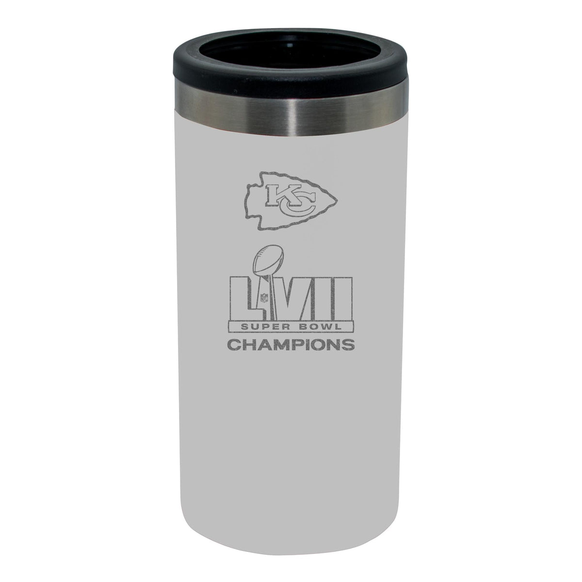 12oz White Etched Stainless Steel Slim Can Holder | Superbowl Champions Kansas City Chiefs